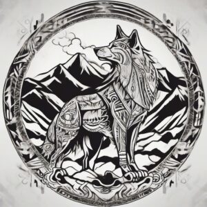 Wolf standing on a misty mountain ridge Design Featuring tribal style tattoo