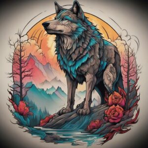 Wolf standing on a misty mountain ridge Design Featuring neo-traditional style tattoo