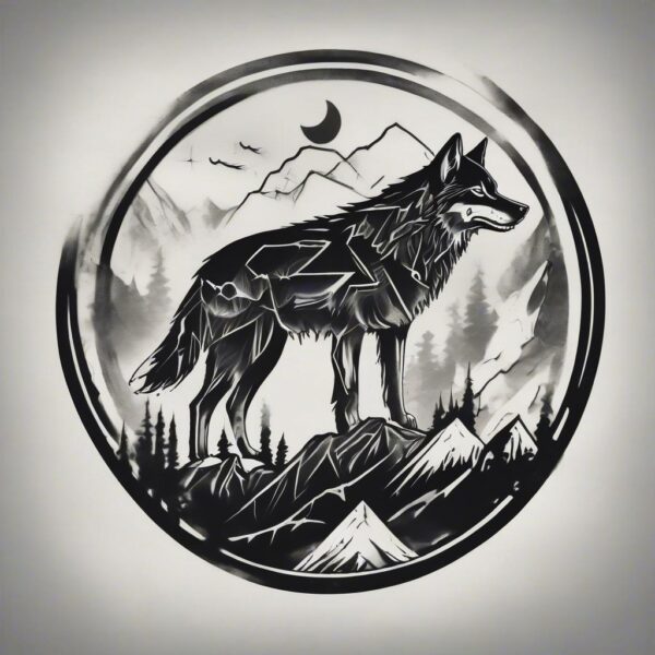 Wolf standing on a misty mountain ridge Design Featuring stencil style tattoo