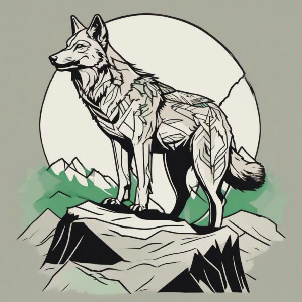 Wolf standing on a misty mountain ridge Design Featuring traditional style tattoo