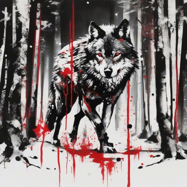 Wolf walking through a snowy forest Design Featuring trash polka style tattoo