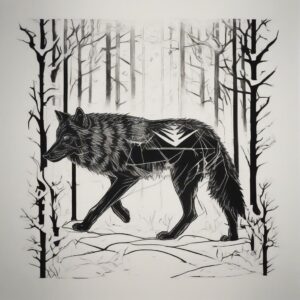 Wolf walking through a snowy forest Design Featuring stencil style tattoo