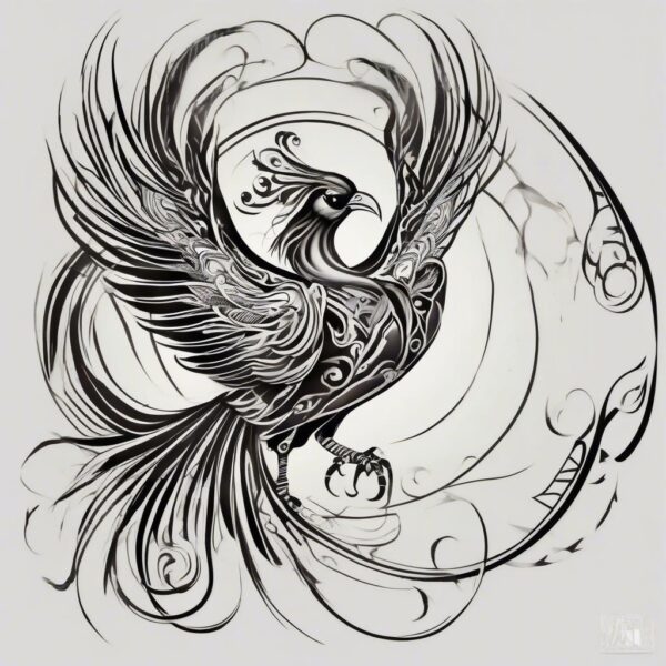 Phoenix with golden-tipped feathers Design Featuring tribal style tattoo