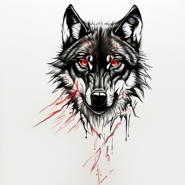 Black wolf with glowing red eyes Design Featuring stencil style tattoo