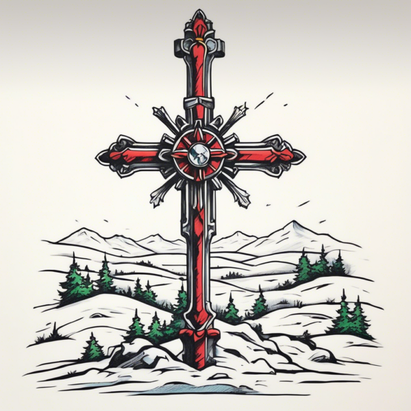 Cross buried deep in a snowy battlefield Design Featuring traditional style tattoo