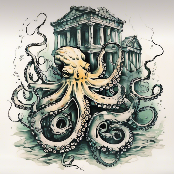 Octopus crawling on ancient ruins deep underwater Design Featuring traditional style tattoo