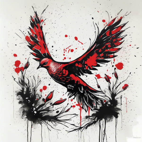 Phoenix circling above a blooming lotus pond Design Featuring trash polka style tattoo