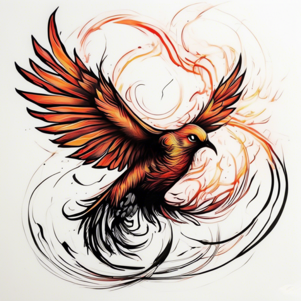 Phoenix flying through a fiery sunset Design Featuring stencil style tattoo