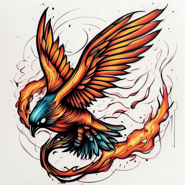 Phoenix flying through a fiery sunset Design Featuring stencil style tattoo