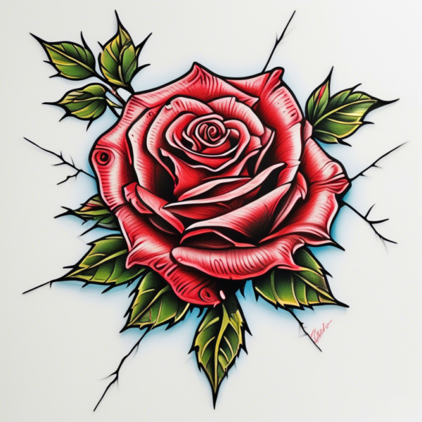 Rose with thorns glowing red Design Featuring neo-traditional style tattoo