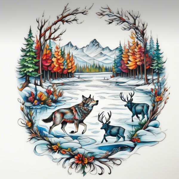 Wolf chasing a stag across the frozen lake Design Featuring neo-traditional style tattoo