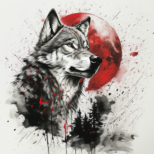 Wolf howling under a blood moon Design Featuring trash polka style tattoo