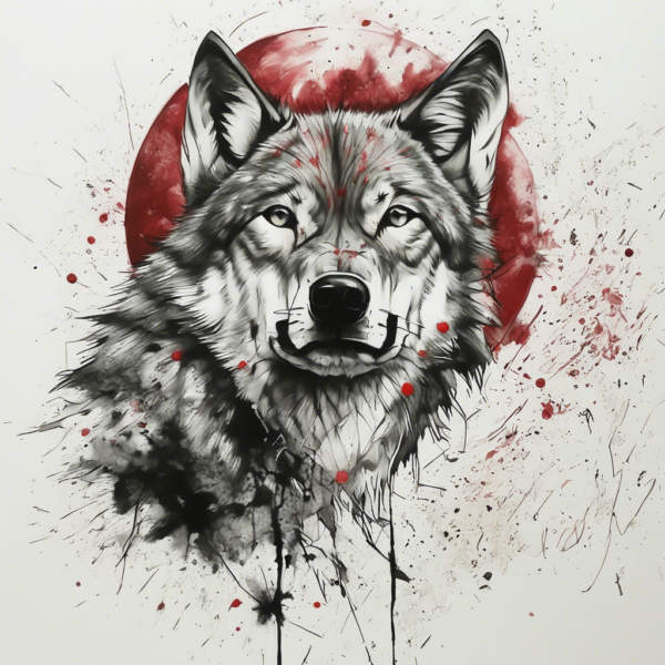 Wolf howling under a blood moon Design Featuring trash polka style tattoo