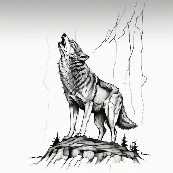 Wolf standing on a cliff in a thunderstorm Design Featuring stencil style tattoo