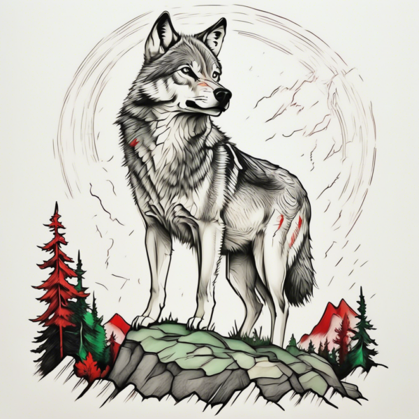 Wolf standing on a cliff in a thunderstorm Design Featuring traditional style tattoo