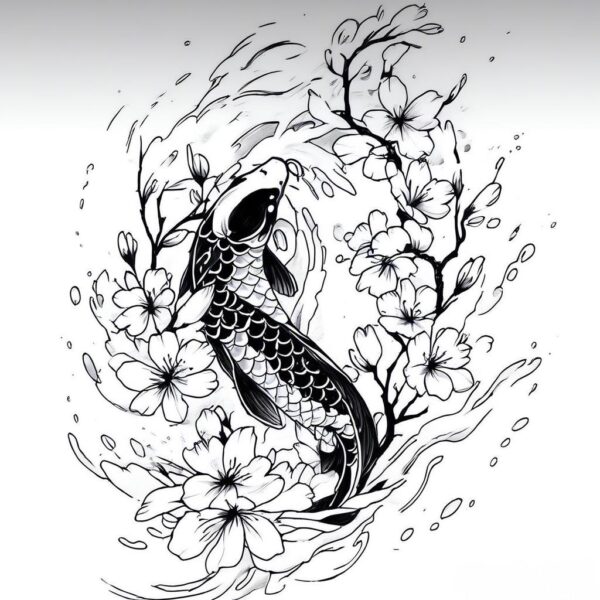 a black and white koi fish swirling among cherry blossoms and water splash Design Featuring blackwork style tattoo