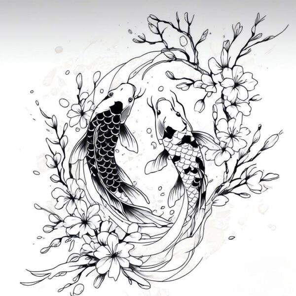 a black and white koi fish swirling among cherry blossoms and water splash Design Featuring minimalist style tattoo
