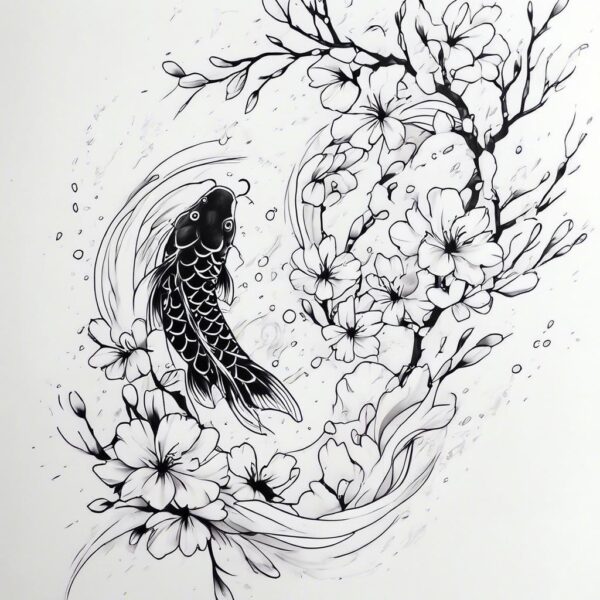 a black and white koi fish swirling among cherry blossoms and water splash Design Featuring minimalist style tattoo