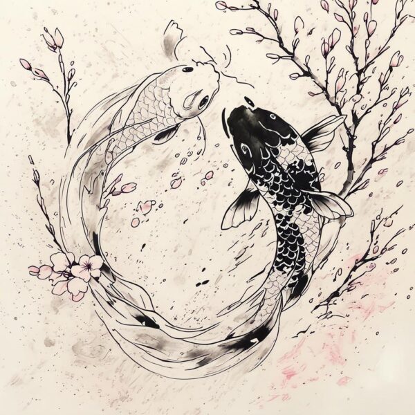 a black and white koi fish swirling among cherry blossoms and water splash Design Featuring neo-traditional style tattoo