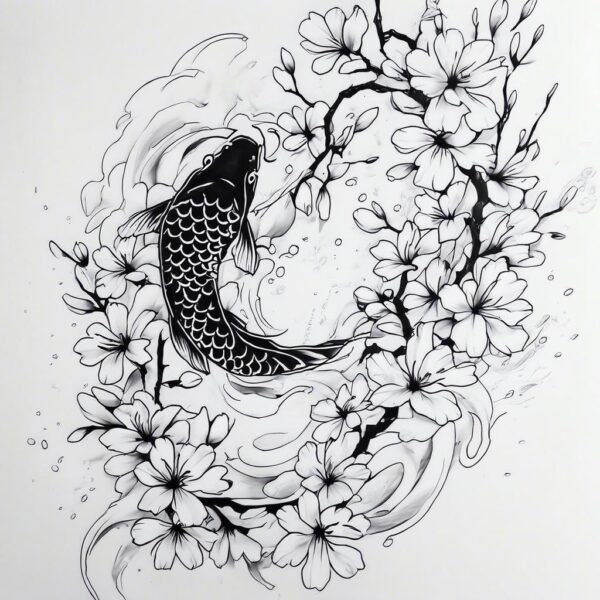 a black and white koi fish swirling among cherry blossoms and water splash Design Featuring blackwork style tattoo