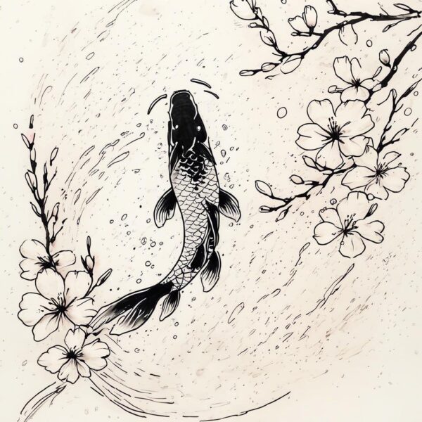 a black and white koi fish swirling among cherry blossoms and water splash Design Featuring neo-traditional style tattoo