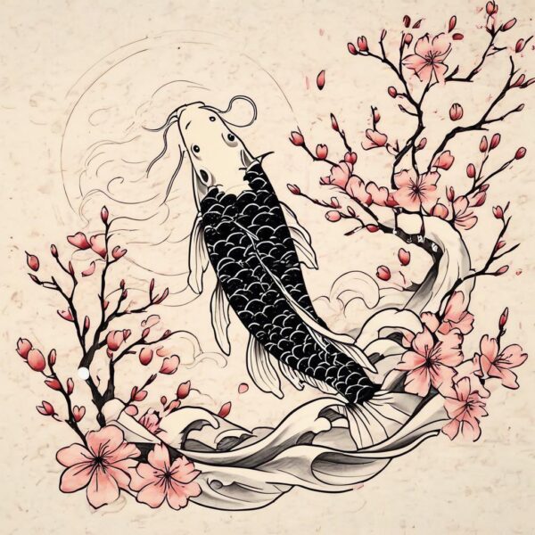 a black koi fish follow a white koi fish among cherry blossoms and waves Design Featuring Japanese style tattoo
