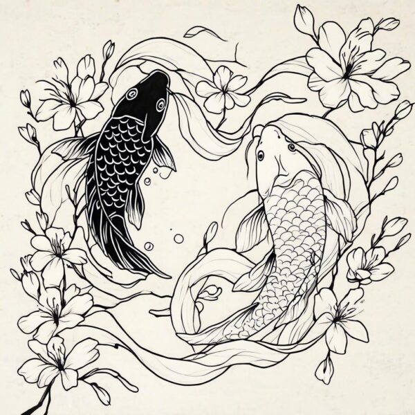 a black koi fish follow a white koi fish among cherry blossoms and waves Design Featuring minimalist style tattoo
