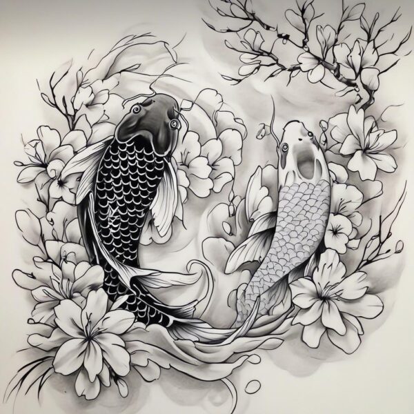 a black koi fish follow a white koi fish among cherry blossoms and waves Design Featuring black and grey style tattoo