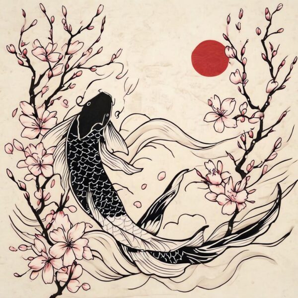 a black koi fish follow a white koi fish among cherry blossoms and waves Design Featuring Japanese style tattoo