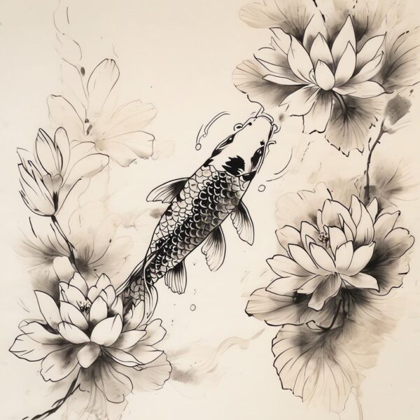 a koi fish among blooming lotus flowers Design Featuring neo-traditional style tattoo
