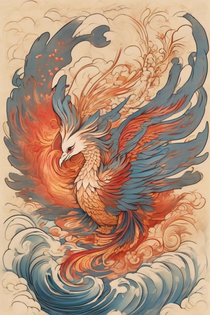myth phoenix rising from the ashes designed featuring Anime Style tattoo