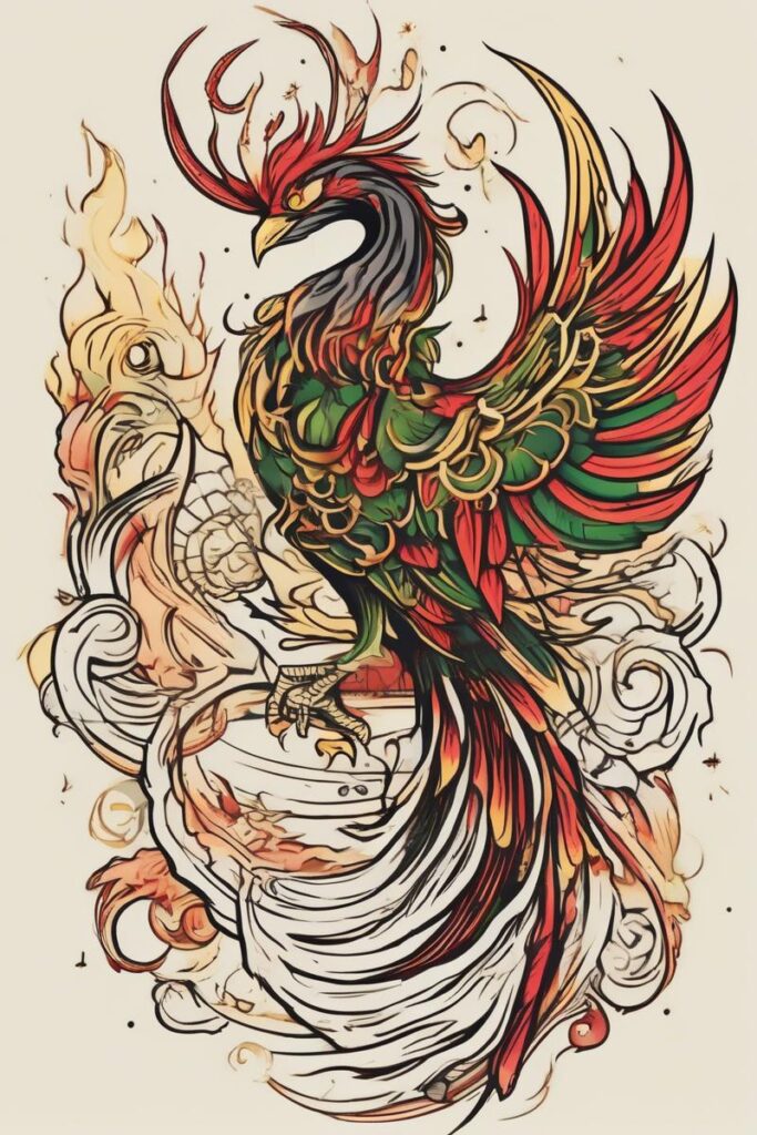 myth phoenix rising from the ashes designed featuring traditional style tattoo