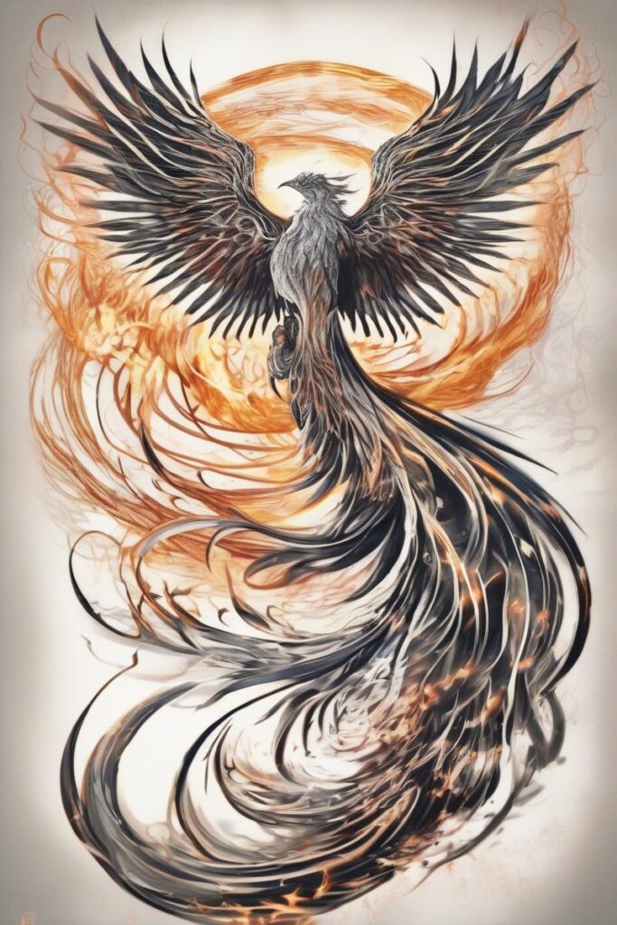 myth phoenix rising from the ashes18surrealismstyle AI Ink All myth phoenix rising from the ashes designed featuring surrealism style tattoo