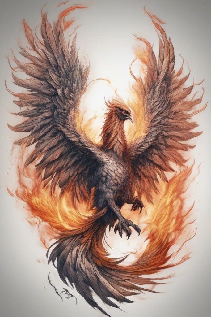 myth phoenix rising from the ashes designed featuring realism style tattoo