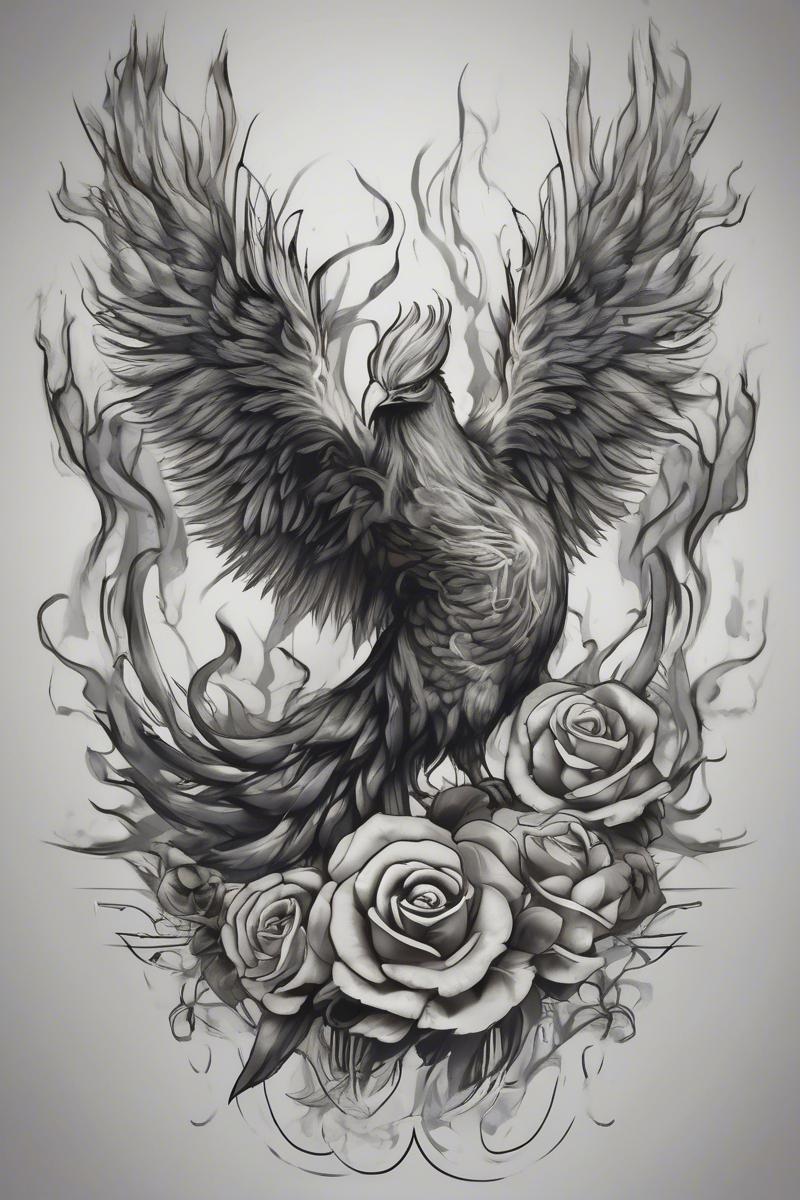 myth phoenix rising from the ashes designed featuring black and grey style tattoo