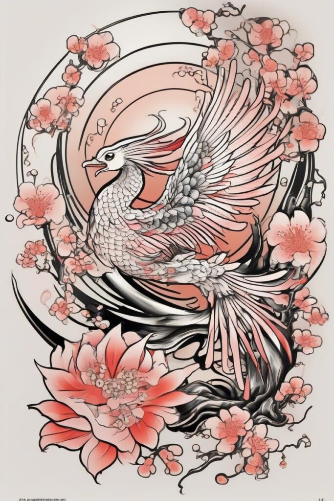 myth phoenix rising from the ashes designed featuring Japanese style tattoo