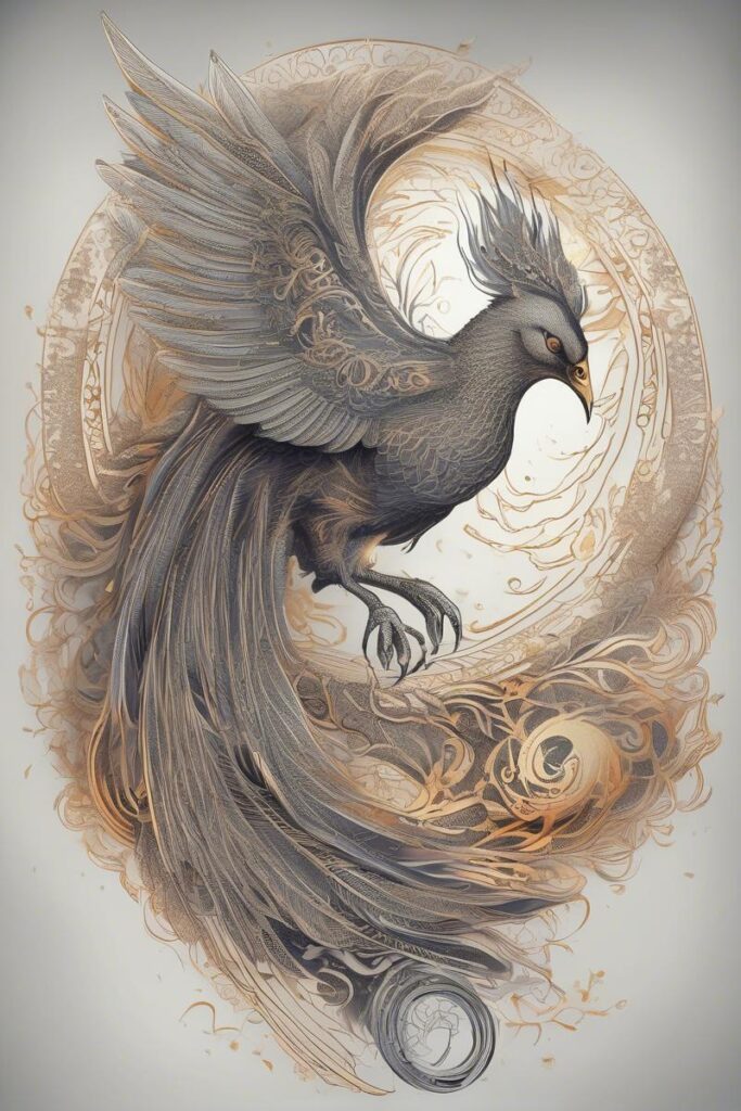 myth phoenix rising from the ashes designed featuring dotwork style tattoo
