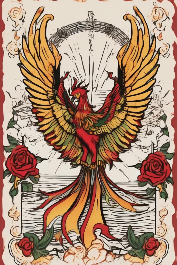 myth phoenix rising from the ashes designed featuring traditional style tattoo